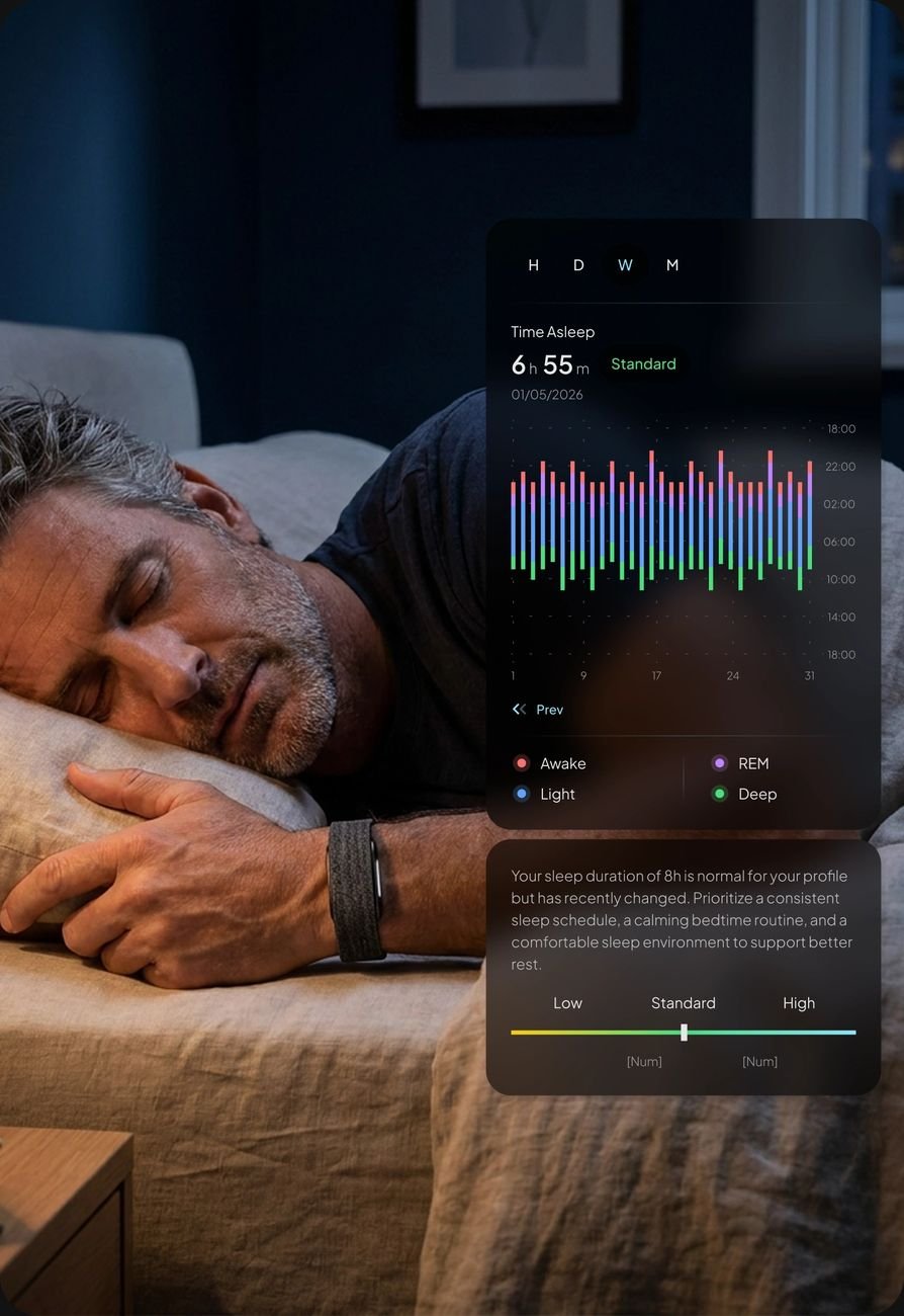 Person asleep wearing the Hume Band 2.0 — overnight data in the app